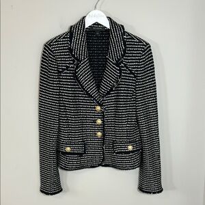 St John Wool Boucle Tweed Jacket Black White Blazer Wool Gold Button Front Sz 14